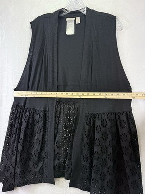 LOGO by Lori Goldstein Eyelet Open Front Sleeveless Cardigan Vest Black Large
