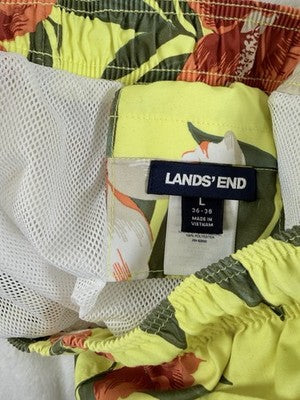 Lands End Swim Trunks Mens Large Yellow Floral Shorts Lined