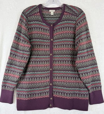 LL Bean Cardigan Sweater Womens Medium Petite Fair Isle Cotton Cashmere Purple