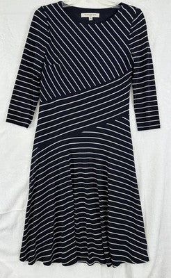 Evan Picone Dress 4 Navy Blue White Stripe Jersey Knit Fit Flare Women