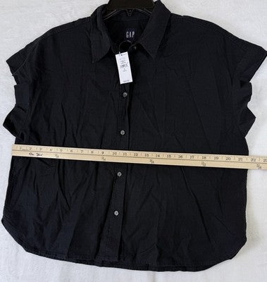 Gap Linen Blend Crop Shirt Small Tall Womens Black Button Up Short Sleeve Women
