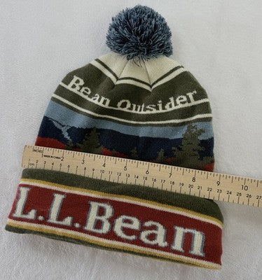 LL Bean Beanie Hat Knit Men Pom Outsider Mountain Scene Winter