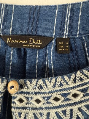 Massimo Dutti Top Womens Small Blue Embroidered Cotton Blouse 3/4 Sleeve Boho