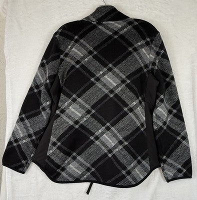T By Talbots Jacket Medium Petite Fleeceback Black Plaid Full Zip Womens
