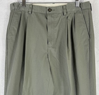 LL Bean Double L Chinos 34x29 Pants Green Pleated Comfort Waist Wrinkle Free Men