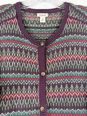 LL Bean Cardigan Sweater Womens Medium Petite Fair Isle Cotton Cashmere Purple