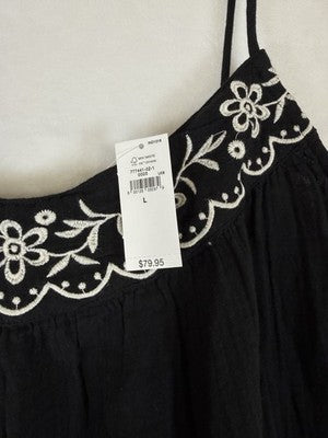 Gap Swing Dress Large Black Cotton Gauze Mini Sleeveless Embroidered Womens New