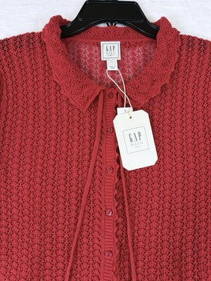 Gap x Dôen Linen Cardigan Large Women Red Short Puff Sleeve Button Front Top New