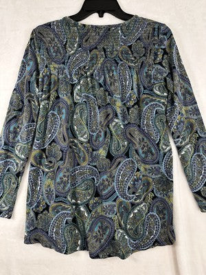 J Jill XS Top Knit Long Sleeve Paisley Blue Green Modal Cotton Womens
