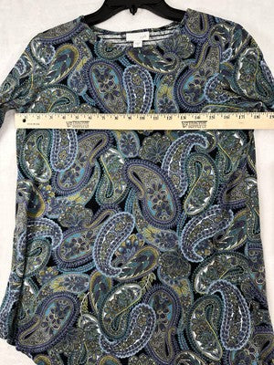 J Jill XS Top Knit Long Sleeve Paisley Blue Green Modal Cotton Womens