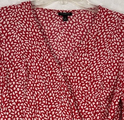 Talbots XS Blouse Wrap Top Long Sleeve Red White Print Lightweight Viscose