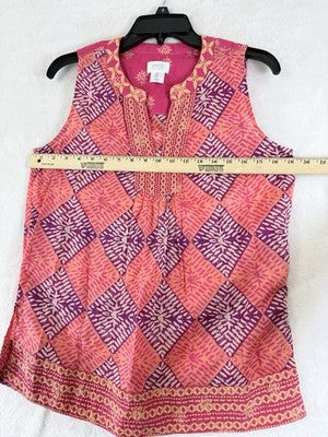 Sigrid Olsen Top Small Tunic Embroidered 100% Cotton Sleeveless Pink Boho Womens