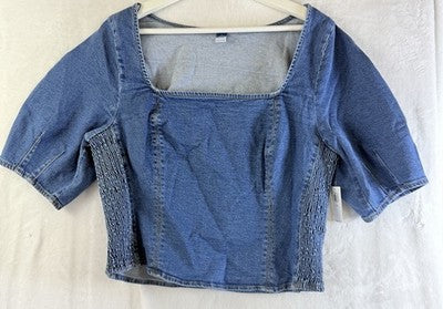Old Navy Denim Crop Top Large Tall Womens Blue Puff Sleeve New NWT