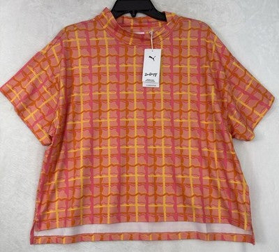 Puma Dani Dazey Top XL Cloudspun Mock Neck Pink Plaid Womens NWT