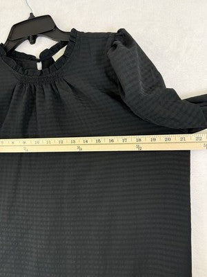 LOFT Top Medium Black Puff Short Sleeve Ruffle Neck Blouse Womens