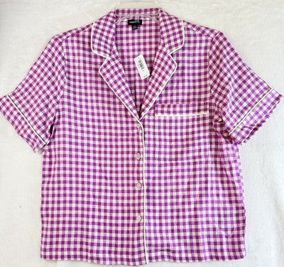 Gap Linen Blend PJ Shirt XS Women Pink Gingham Short Sleeve Top New NWT