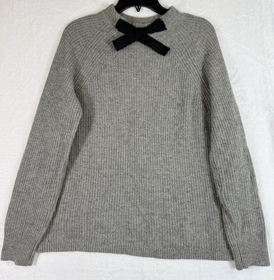 J Crew Sweater Women Medium Gray Wool Blend Black Bow Tops Long Sleeve