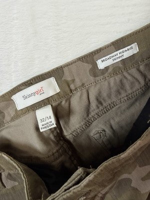 Skinnygirl Jeans 32 14 Long Green Camo Broadway High Rise Skinny Girl Slimming