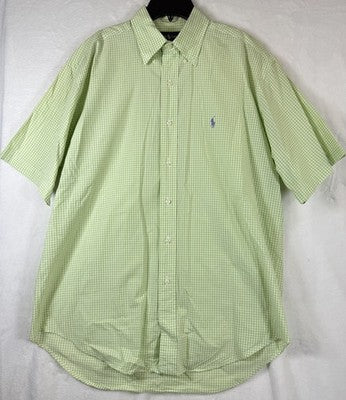 Ralph Lauren Polo Shirt Men Medium Blake Green Check Gingham Short Sleeve Button