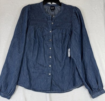 Gap Denim Shirt Womens Small Tops Button Up Blue Puff Sleeve Lace Trim New NWT