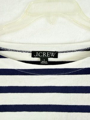 J Crew Top Women Small Boatneck White Navy Blue Striped 3/4 Sleeve 100% Cotton
