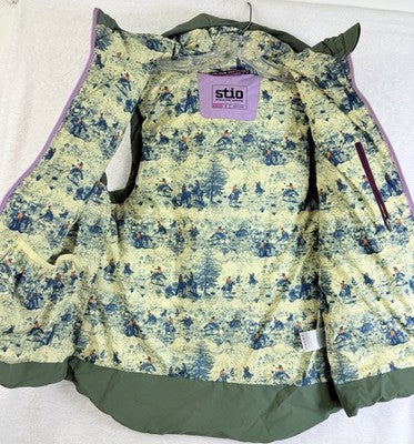 Stio Women Small Woodson Down Vest Puffer Hooded Purple Green Full Zip