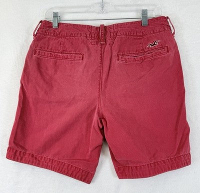Hollister Cargo Shorts 31 Mens Red 8” Button Fly Chino 100% Cotton Flat Front