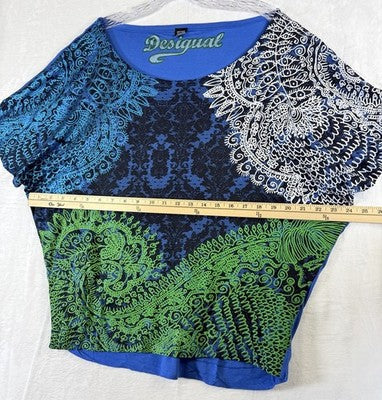 Desigual Top Large Blue Green Print Short Sleeve Dolman Knit