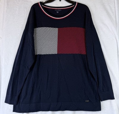 Tommy Hilfiger Sweater XL Top Long Sleeve Navy Blue Red Logo Womens Pullover