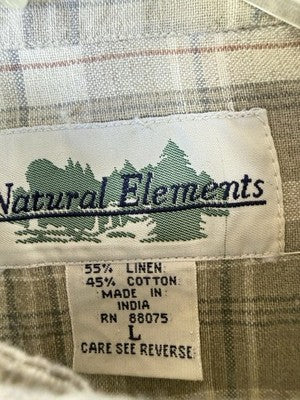 Natural Elements Top Large Womens Linen Cotton Band Collar Green Plaid Vintage