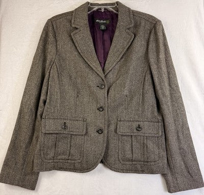 Eddie Bauer Blazer Women 16 Wool Brown Herringbone Tweed Jacket