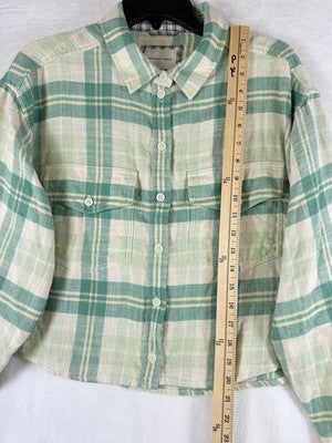 American Eagle Crop Flannel Top Medium Green Plaid Long Sleeve Womens