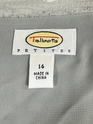 Vintage Talbots Top 14 Petite Gray Lace Overlay Short Sleeve Womens 14P Side Zip