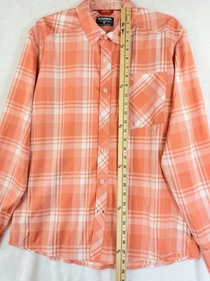 Simms Fishing Shirt Medium Outpost Long Sleeve Button Up Down Coral Plaid Mens