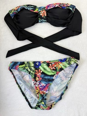Venus Bandeau Bikini Set C Top 4 Bottom Black Floral Print Womens