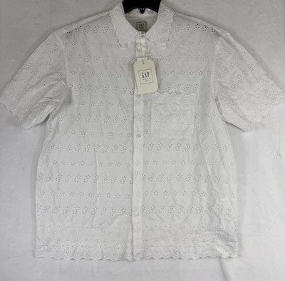 Gap X Doen Shirt XS Men Eyelet Button Up Short Sleeve Boho Off White New NWT
