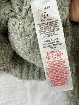 Primark Sweater Large Green Crew Neck Pink Whipstitch Wool Blend