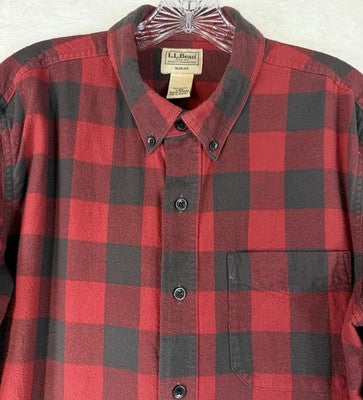 LL Bean Scotch Plaid Flannel Shirt Mens Large Slim Fit Red Plaid Button Down