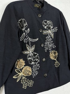 Alex Kim Jacket Medium Black Floral Sequins Beaded Embroidered Embellished Women