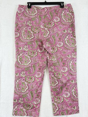 Talbots Classic Side Zip Pants 12 Crop Pink Paisley Women Cotton Stretch Cropped