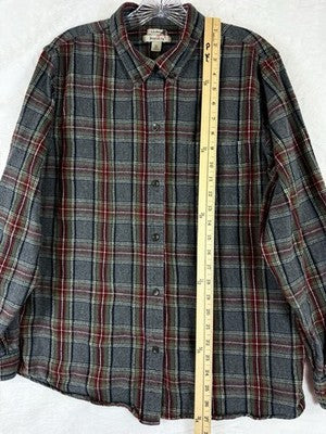 LL Bean Scotch Plaid Flannel Shirt Womens XL Gray Red Relaxed Fit Button Up Top