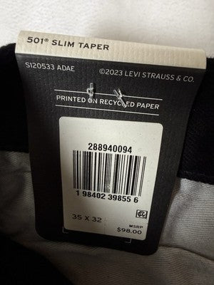 Levis 501 Slim Taper Jeans Mens 35x32 Black Levi’s New NWT