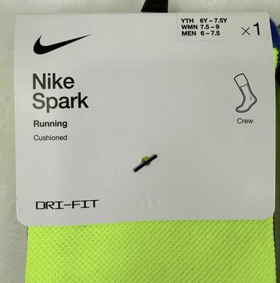 Nike Spark Running Socks Crew Lot 2 Pairs Men 6-7.5 Women 7.5-9 Cushioned New