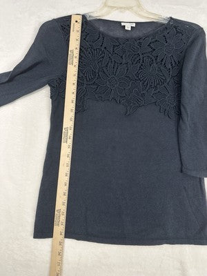 J Jill Sweater Small Blue Sweater Lightweight 3/4 Sleeve Floral Cotton Womens