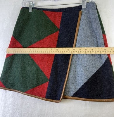 Tory Burch Cheval Wool Blend Plaid Wrap Mini Skirt 4 Geometric Leather Trim