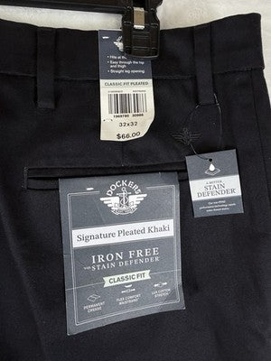 Dockers Signature Pleated Khaki Pants 32x32 Mens Black New NWT