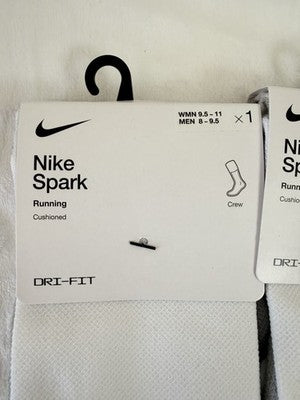 Nike Spark Running Socks Crew White Men 8-9.5 Women 9.5-11 Cushioned Lot New