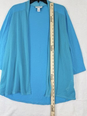 Weekend By Chicos Size 1 Cardigan Pool Blue Medium Jersey Knit Mesh 3/4 Sleeve