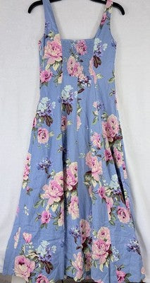 Gap Maxi Dress XS Petite Linen Blend Square Neck Blue Pink Floral Sleeveless New