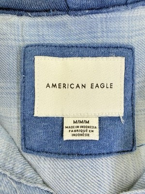 American Eagle Flannel Shirt Hoodie Medium Cozy Cabin Blue Plaid Womens